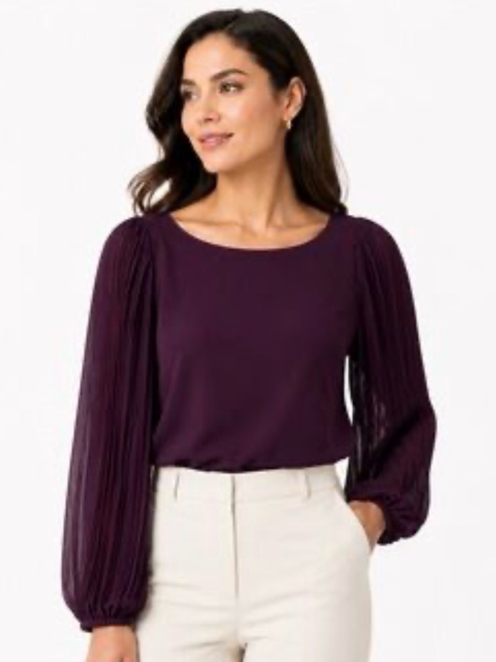 Ann Taylor Plum Pleated-Sleeve Blouse - Deep Plum - Picture 4 of 4